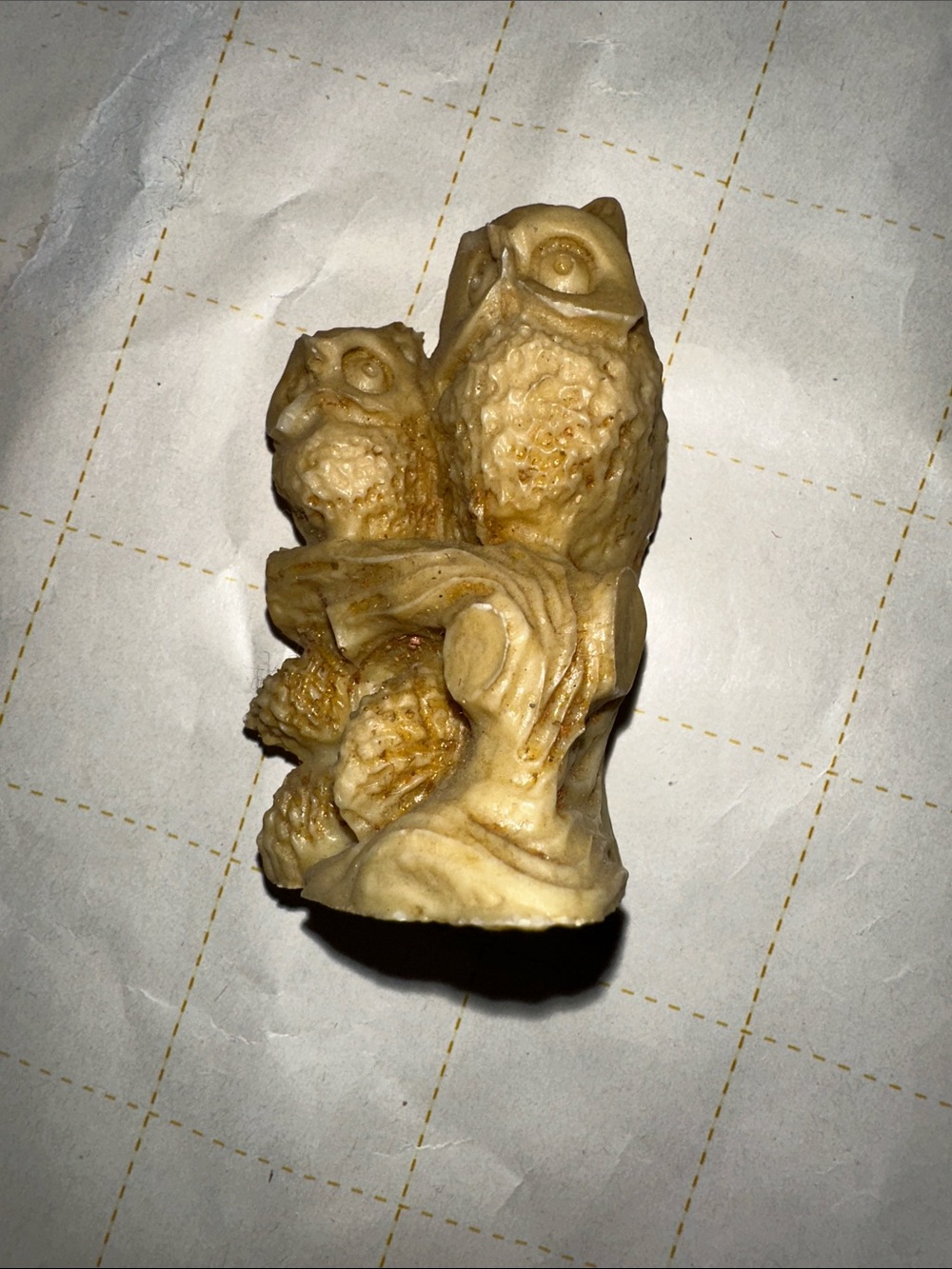 Vintage resin handcarved owls on a log figurine